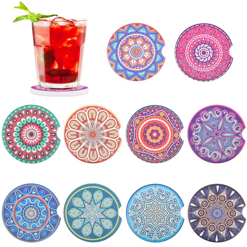 REKOBON Car Coasters for Drinks Absorbent, 10 Pack 2.56in Car Coasters Absorbent Ceramic with A Finger Notch for Easy Removal, Car Cup Holder Coaster for Car, Cute Car Accessories for Women,Men - Image 1